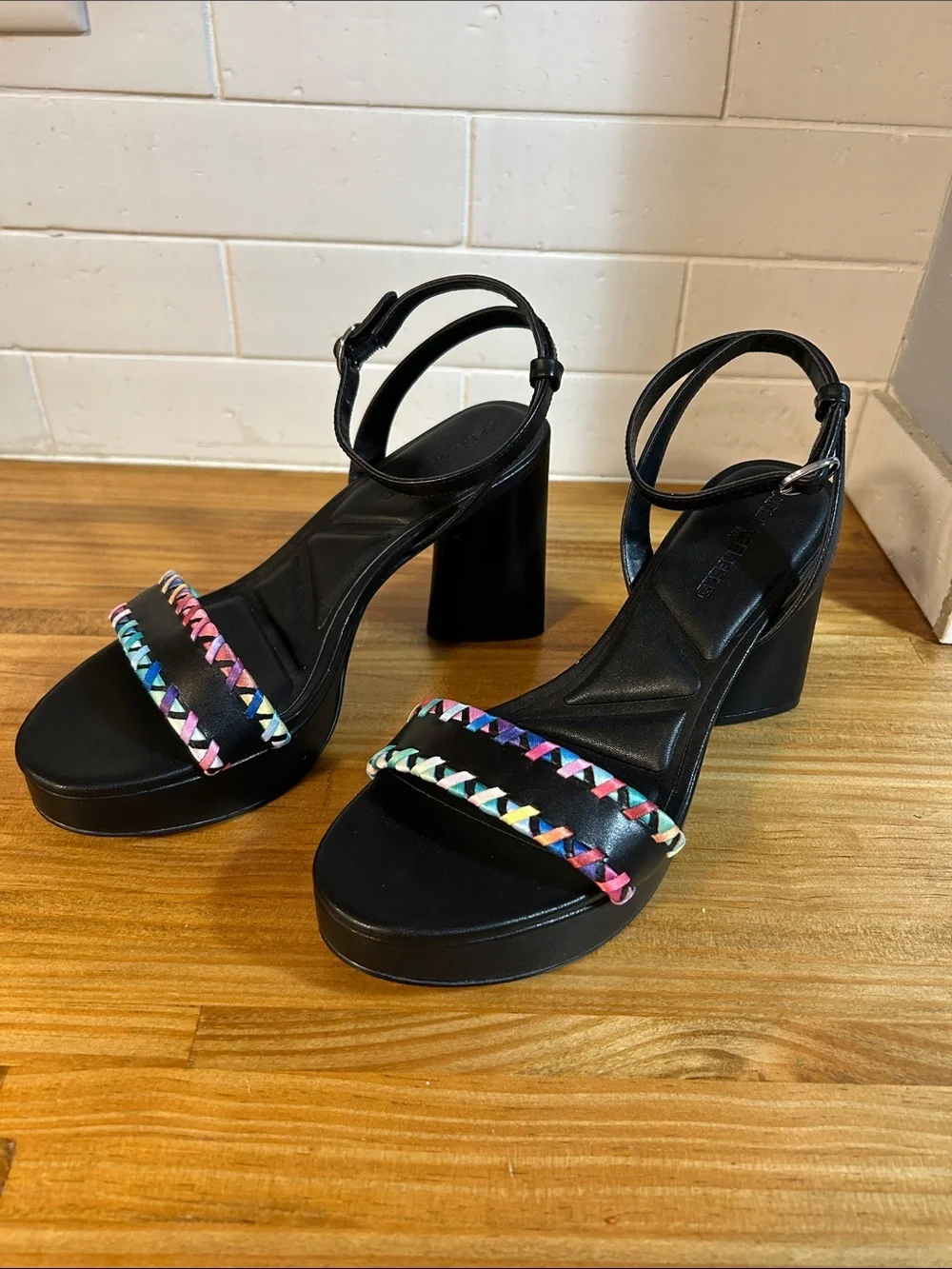 NWOB Karl Lagerfeld Black Platform Sandals with Rainbow Braided Straps Size 6.5M